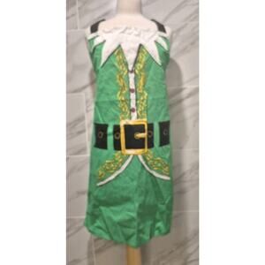 Green Cotton Christmas Elf Apron Black Ties 32" Length NEVER USED